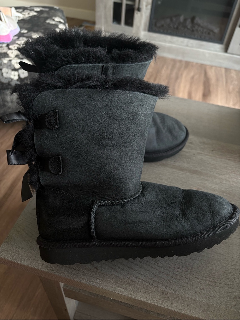 UGG Black Suede Faux Fur Bow-Back Winter Boots